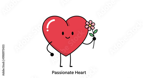 Cute cartoon passionate heart character holding a flower