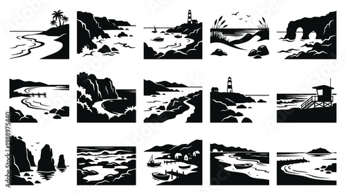 Black and White Vector Set of Coastal Landscapes and Seascapes