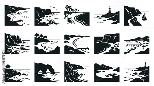 Coastal Landscape Silhouettes: Rocky Shores, Beaches, Lighthouses, Vector Art