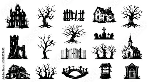 Halloween Spooky Elements Vector Silhouette Set with Creepy Buildings, Trees  Graveyard Icons