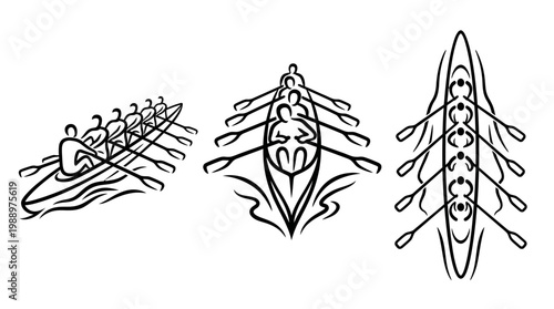 Rowing Team Silhouette in Action on Water, Artistic Illustration.