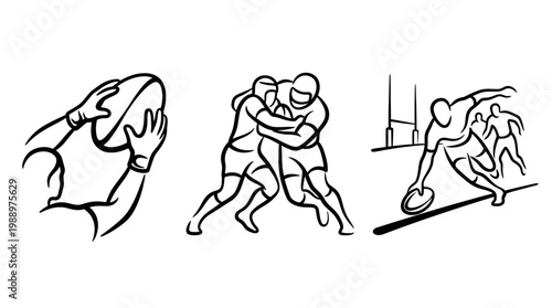 Rugby Players in Action - Dynamic Black and White Illustrations.