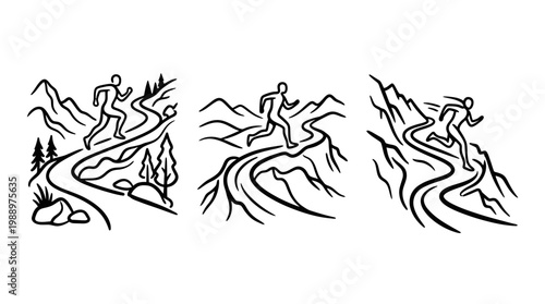 Runner Ascending Mountain Trail - A Dynamic Line Art Illustration.