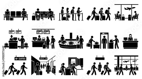 Airport Travel Passenger Glyph Pictogram Icons Set Black and White