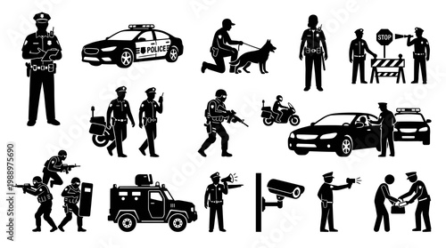 Black and White Police Officers, Vehicles, and Security Icons
