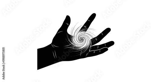 Black silhouette hand with swirling white spiral.