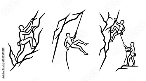 Silhouette Climbers Ascending Rocky Cliffs with Ropes and Gear.