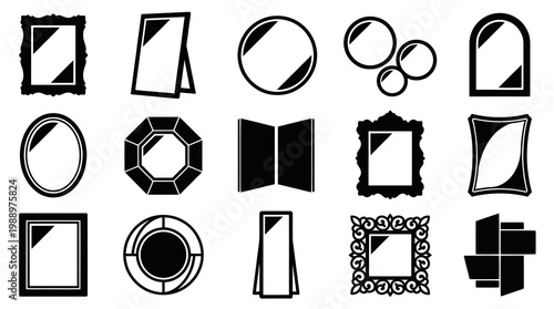Household Objects Mirrors Glyph Icons Set. Elegant Decorative Frame Silhouettes.