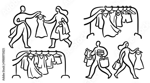 Shopping for Clothing - Women Selecting Dresses and Outfits.