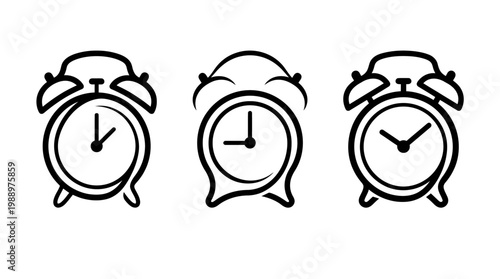 Simple Black and White Alarm Clock Illustrations for Time Management.