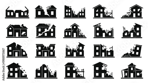 Disaster Ruined Buildings Glyph Icons. Damaged Houses  Demolished Homes Black and White Set.
