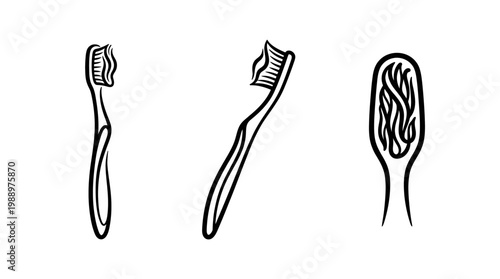Simple Black and White Illustrations of Toothbrushes for Dental Hygiene.