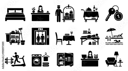 Hospitality and Hotel Services Glyph Icons Collection - Black  White Vector Set