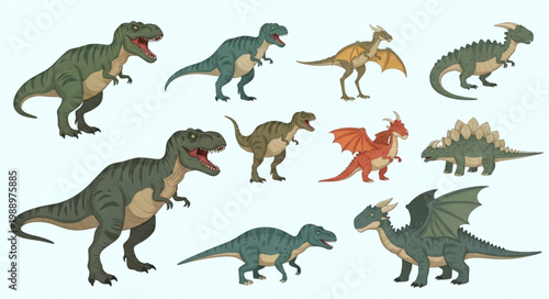 Collection of diverse prehistoric dinosaurs and mythical dragons.