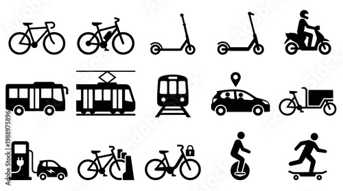 Black and White Icons of Transportation and Vehicles, Vector Art