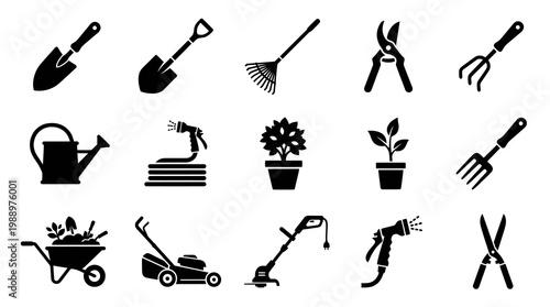 Black  White Glyph Icons of Gardening Tools and Plants