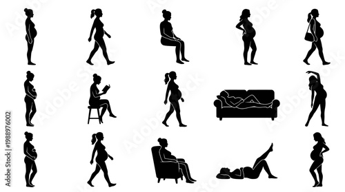 Pregnancy Silhouette Icons - Motherhood, Maternity, Female Health, Vector Art
