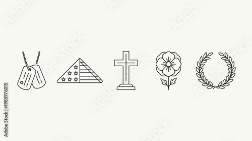 A minimalist flat vector illustration of various symbolic objects including a bag, pyramid, cross, flower, and laurel wreath on a neutral background.