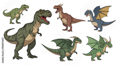 Collection of diverse fantasy dragons and prehistoric dinosaurs.