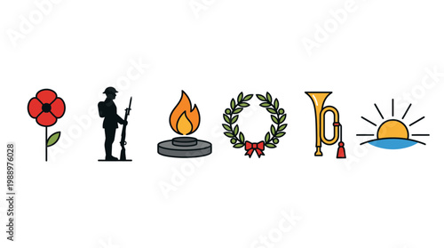 Isometric vector icon set featuring soldier, poppy, flame, wreath, trumpet and sunrise