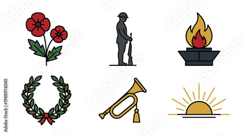 Remembrance Day icon set featuring poppy, soldier, flame, wreath, and trumpet on a symbolic background