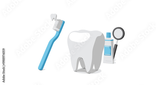 A large pristine white molar tooth stands centrally among essential dental hygiene tools including a blue toothbrush and toothpaste on a white surface.