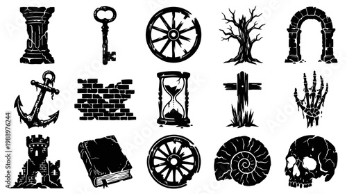 Ancient Gothic Icons: Pillar, Key, Wheel, Tree, Arch, Anchor, Wall, Hourglass, Cross, Skull, Castle