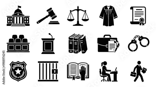 Black and White Glyph Icons of Law and Justice Symbols