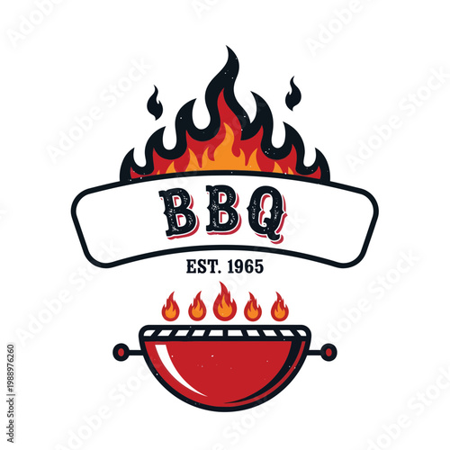 BBQ Est 1965 Logo with Flames and Grill