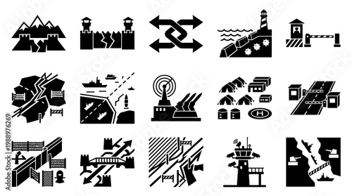Security, Border Control  Crisis Management Black  White Glyph Icons Set