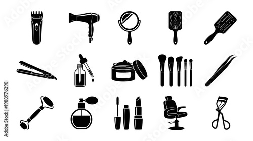 Black  White Icons of Beauty and Hair Salon Tools and Cosmetics