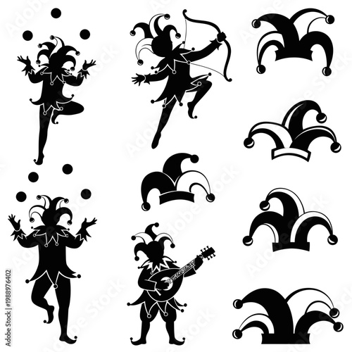 Jester Silhouette Collection: Juggling, Archery, Music, and Hats