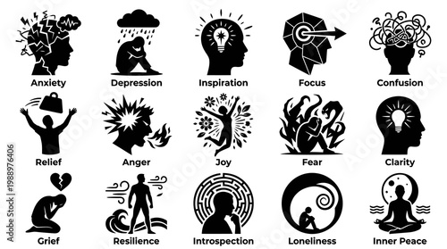 Psychological Emotions and Mental Health Glyph Icons Set - Black  White Human Concepts
