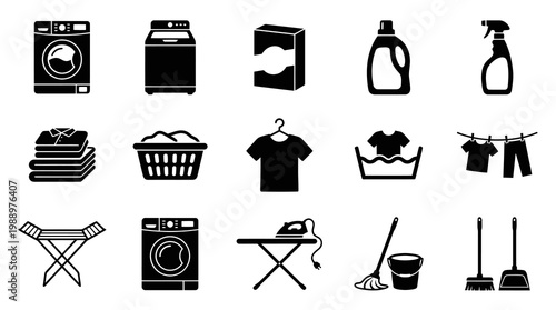 Laundry and Cleaning Icons: Washers, Dryers, Iron, Mop, Broom, Bucket, Clothesline, Spray