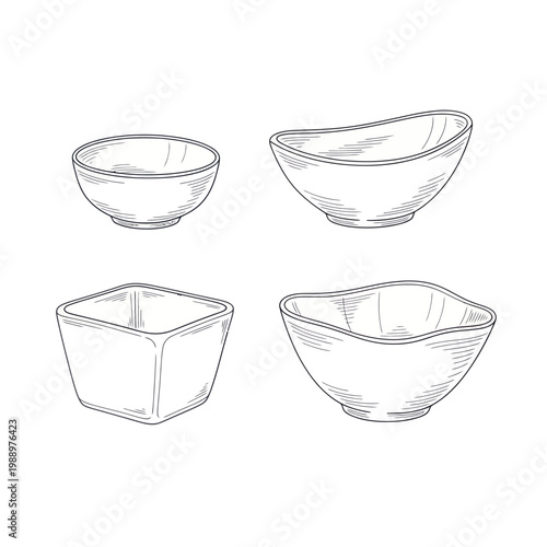 Set of Four Hand-Drawn Bowls: Round, Oval, Square, and Organic Shapes