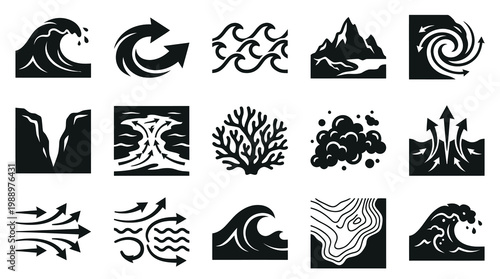 Set of Black  White Nature and Weather Icons, Glyph Style