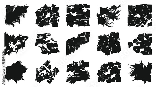 Abstract Black  White Grunge Vector Shapes Pack: Cracked  Torn Distress Design Elements