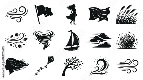 Wind Elements Monochrome Vector Glyph Icons Set: Weather, Nature  Movement