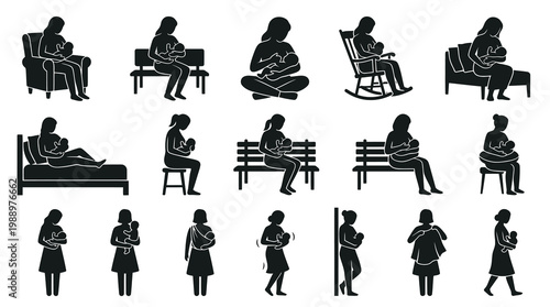 Motherhood Breastfeeding Mother Baby Silhouette Icons Set - Parenting Glyphs
