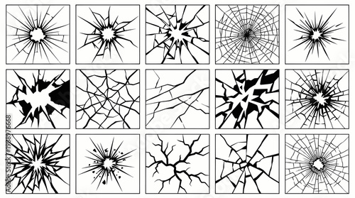 Graphic Design Vector: BW Cracked Glass  Shattered Screen Line Art for Damage  Tech