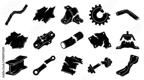 Industrial Broken Metal Parts Black White Glyphs Set for Scrap and Repair Icons