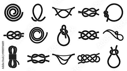 Black and White Icons of Various Rope Knots, Nautical Symbols, Line Art