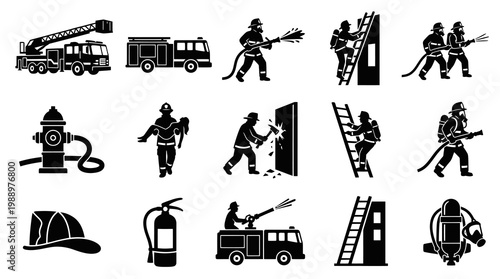 Firefighter Icons - Fire Truck, Hydrant, Helmet, Ladder, Rescue, Equipment