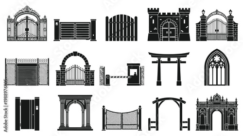 Black and White Vector Icons of Various Gates and Entrances