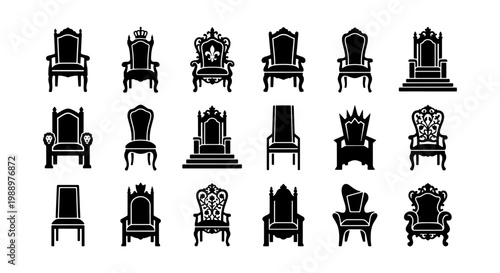 Royal Throne Icon Set, 18 Medieval King Chair Silhouettes, Ornate Empire Seating Vector