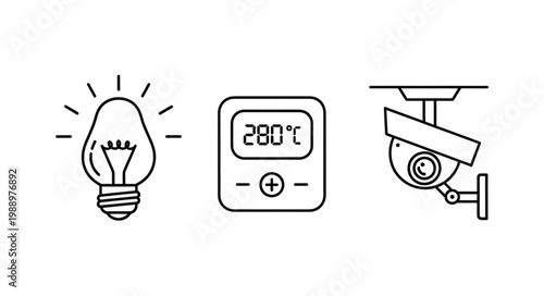 Illustration of a light bulb thermostat and security camera.