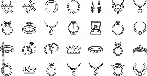 Jewelry outline icon set featuring rings, necklaces, earrings, crowns, watches, and gemstones in elegant line art vector style for luxury design projects