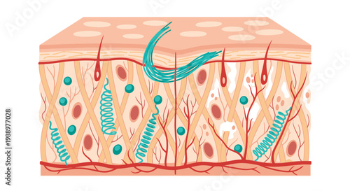 The diagram shows skin layers with a detailed cross-section illustration.