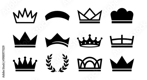 Royal crown icons set, black king and queen tiara symbols, 12 heraldic vector elements