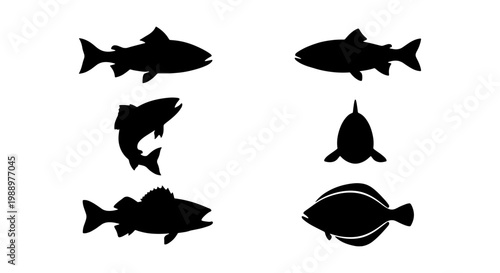 Fish silhouette vector set, black trout and salmon icons, fishing logo elements